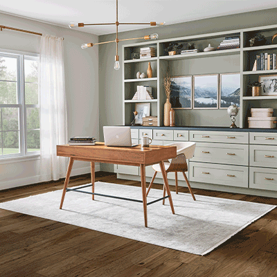 home office with hardwood floors and neutral area rug